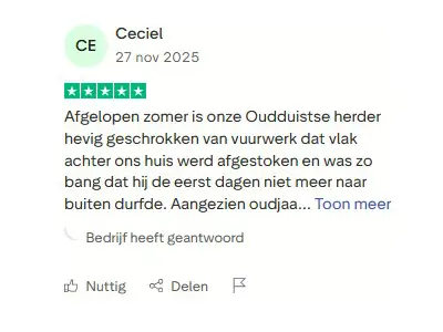 Trustpilot beoordeling 5 sterren, hond bang voor vuurwerk